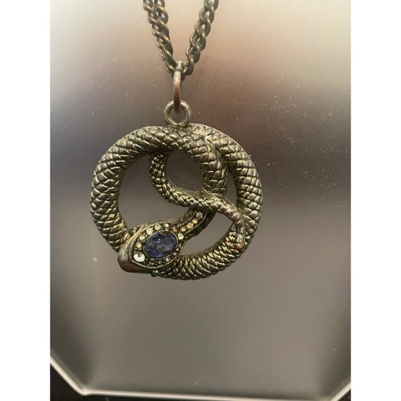 Coiled Snake Silvertone Double Strand Necklace Crystal Head 16 Inches Adjustable - Picture 2 of 8